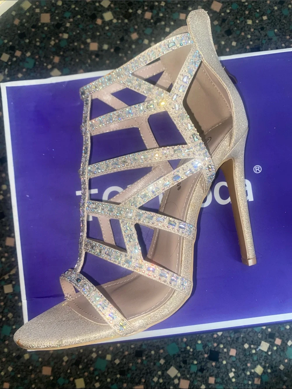TOP Moda Gold Glitter Strappy High Heels with Iridescent Rhinestones